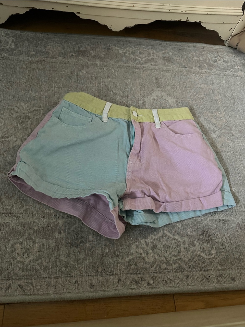 Forever 21 Pastel Colorblock Denim Shorts in Mint, Lavender & Yellow